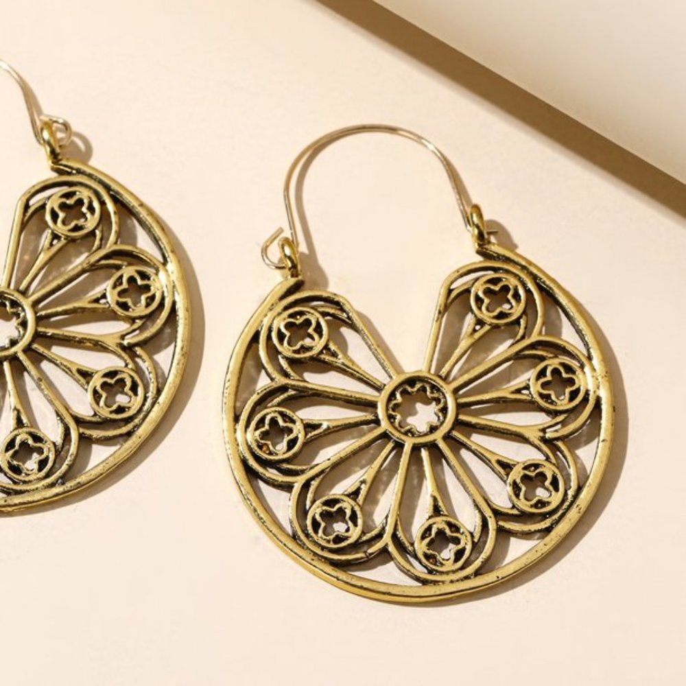 Gold Floral Hoop Earrings - Picture 2 of 3